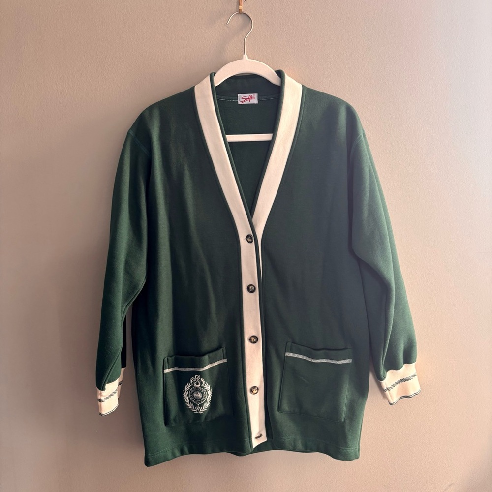 Solfin Paris Vintage Collegiate Classic Green and White Cardigan Sweater in M